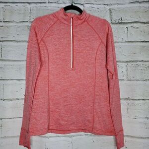 Lucy Medium Pullover Top Half Zip Pink White Marled Ruched Sleeves Athletic